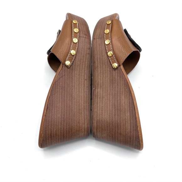 Tory Burch Patti Wedge Slide Sandals Brown Leather Embossed Logo Studded Women 8 - Picture 14 of 16